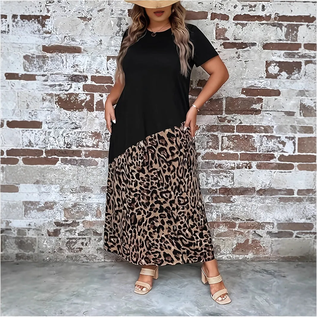 Women's casual leopard print maxi dress with loose fit and quarter sleeves, in black, plus size option