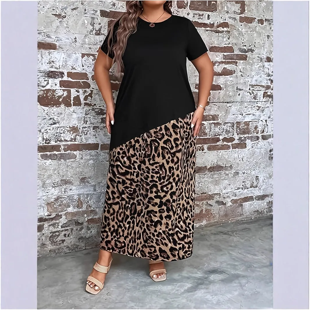 Women's casual leopard print maxi dress with loose fit and quarter sleeves, in black, plus size option