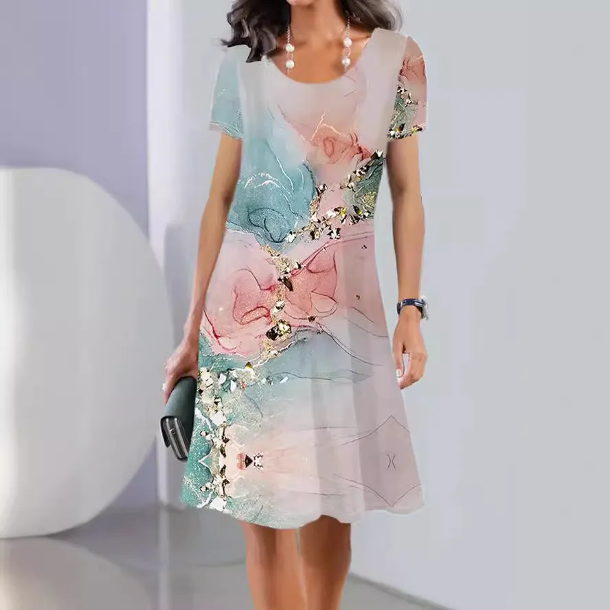 A-line floral print summer dress with short sleeves and a round neck, made from light ice silk fabric.