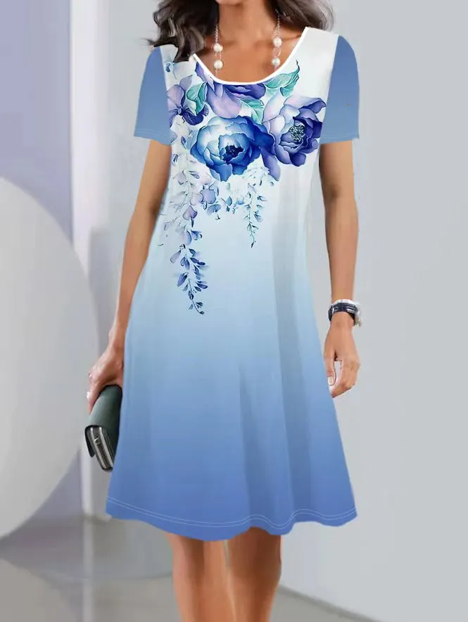 A-line floral print summer dress with short sleeves and a round neck, made from light ice silk fabric.