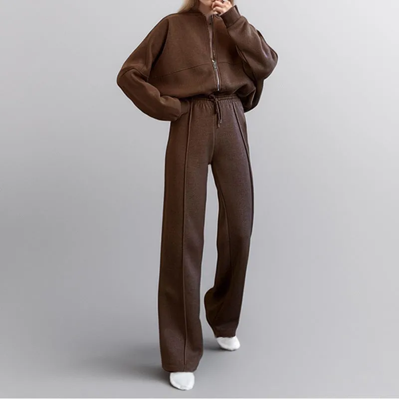 Women's casual suit set in loose fit, solid colour, polyester fabric, top and pants matching set