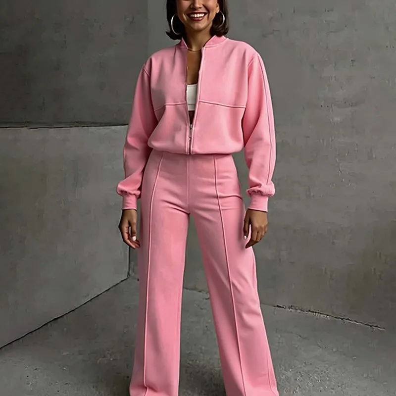 Women's casual suit set in loose fit, solid colour, polyester fabric, top and pants matching set