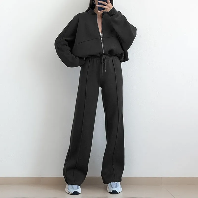 Women's casual suit set in loose fit, solid colour, polyester fabric, top and pants matching set