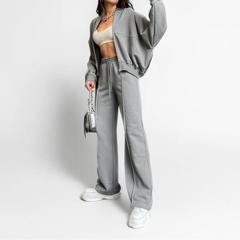 Women's casual suit set in loose fit, solid colour, polyester fabric, top and pants matching set