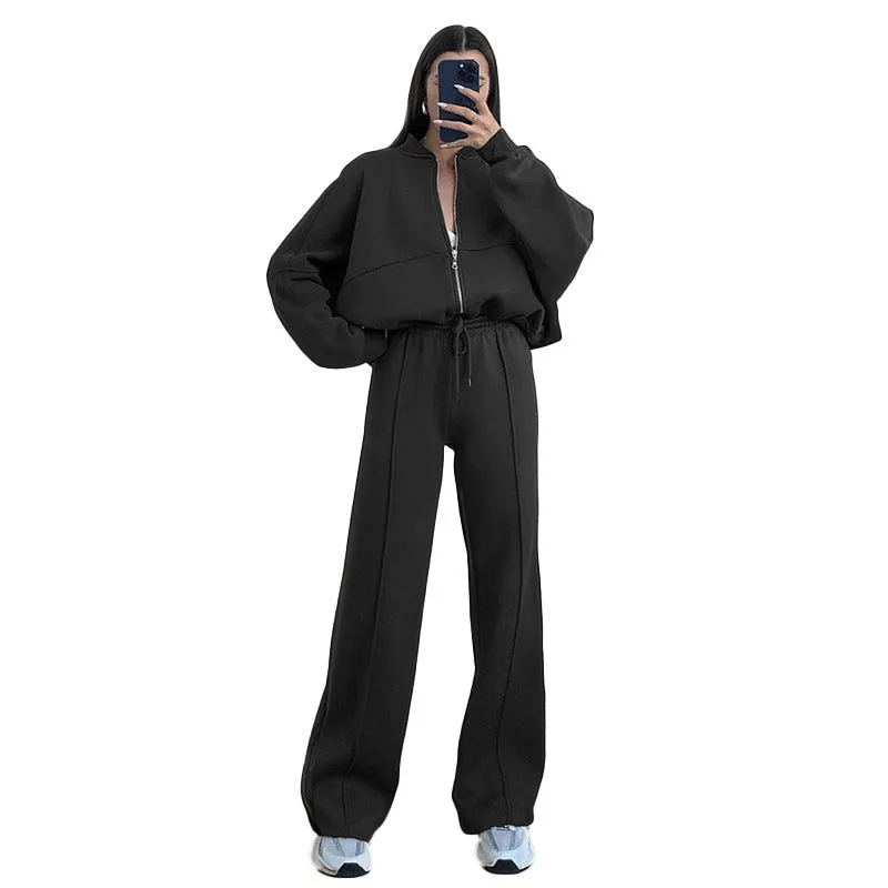 Women's casual suit set in loose fit, solid colour, polyester fabric, top and pants matching set