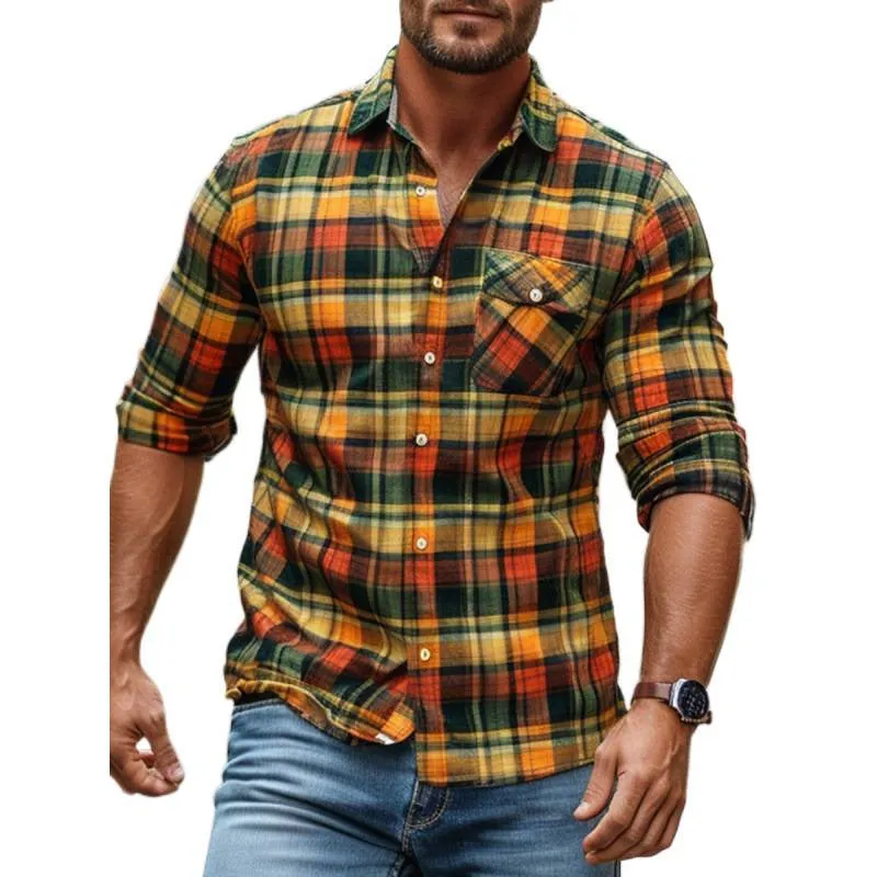 Fleece-lined men's plaid printed long sleeve shirt in loose fit cardigan style