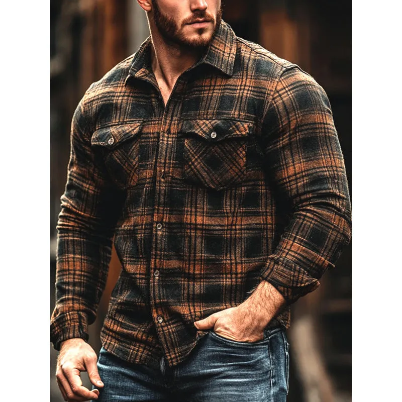 Fleece-lined men's plaid printed long sleeve shirt in loose fit cardigan style