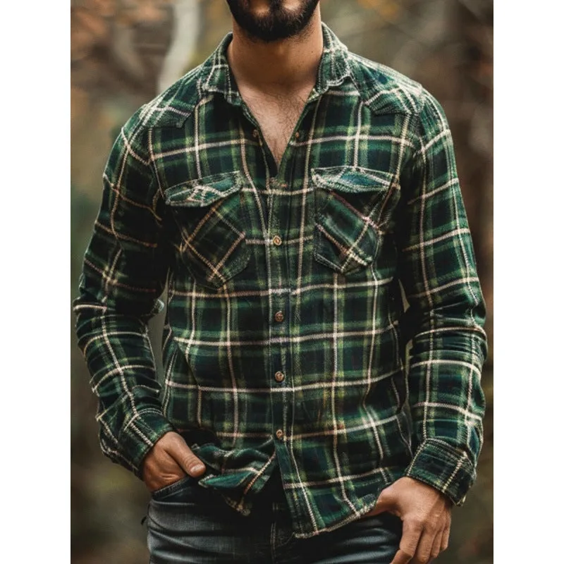 Fleece-lined men's plaid printed long sleeve shirt in loose fit cardigan style