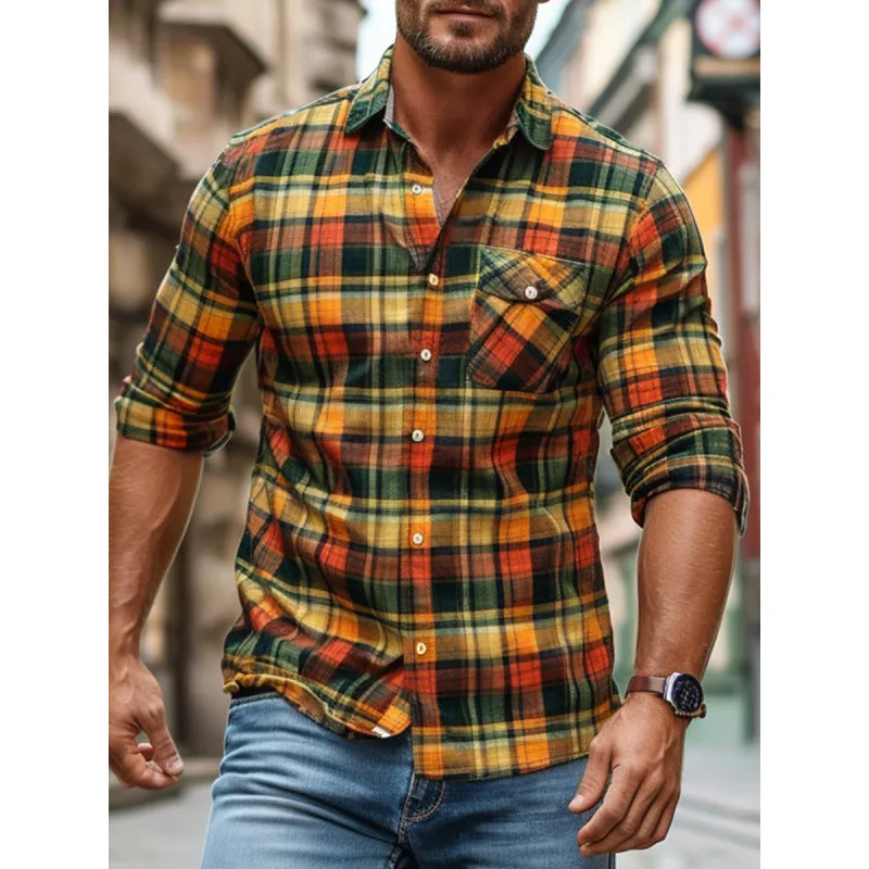 Fleece-lined men's plaid printed long sleeve shirt in loose fit cardigan style