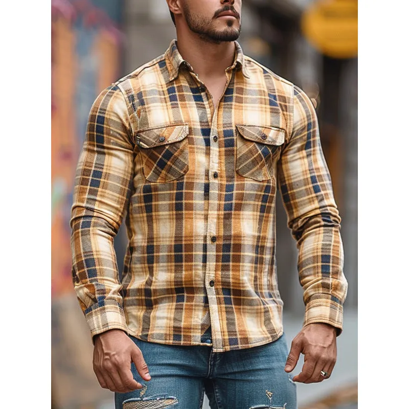 Fleece-lined men's plaid printed long sleeve shirt in loose fit cardigan style