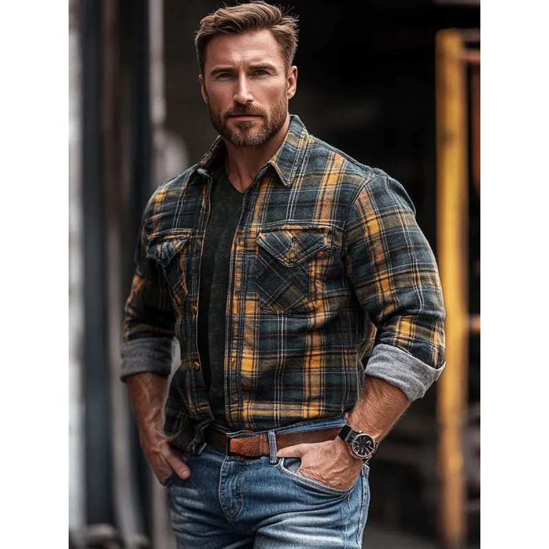 Fleece-lined men's plaid printed long sleeve shirt in loose fit cardigan style