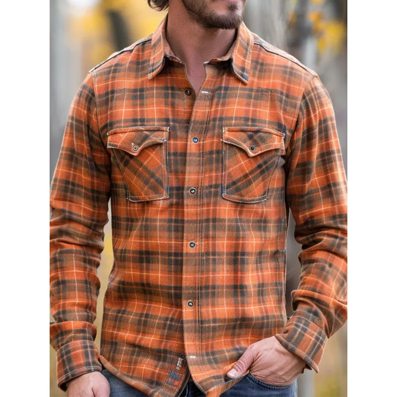 Fleece-lined men's plaid printed long sleeve shirt in loose fit cardigan style