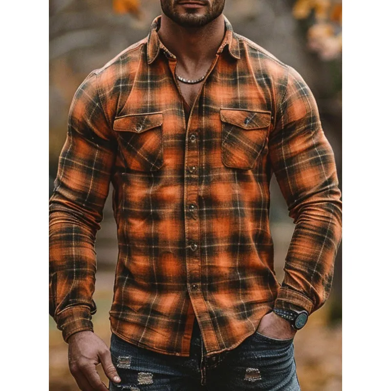 Fleece-lined men's plaid printed long sleeve shirt in loose fit cardigan style