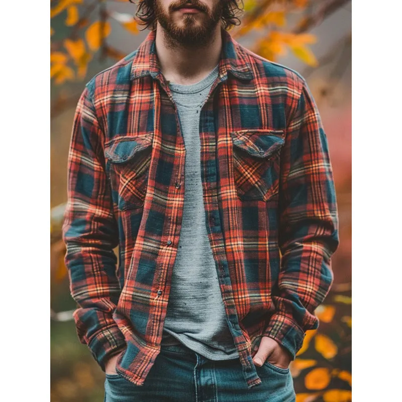 Fleece-lined men's plaid printed long sleeve shirt in loose fit cardigan style