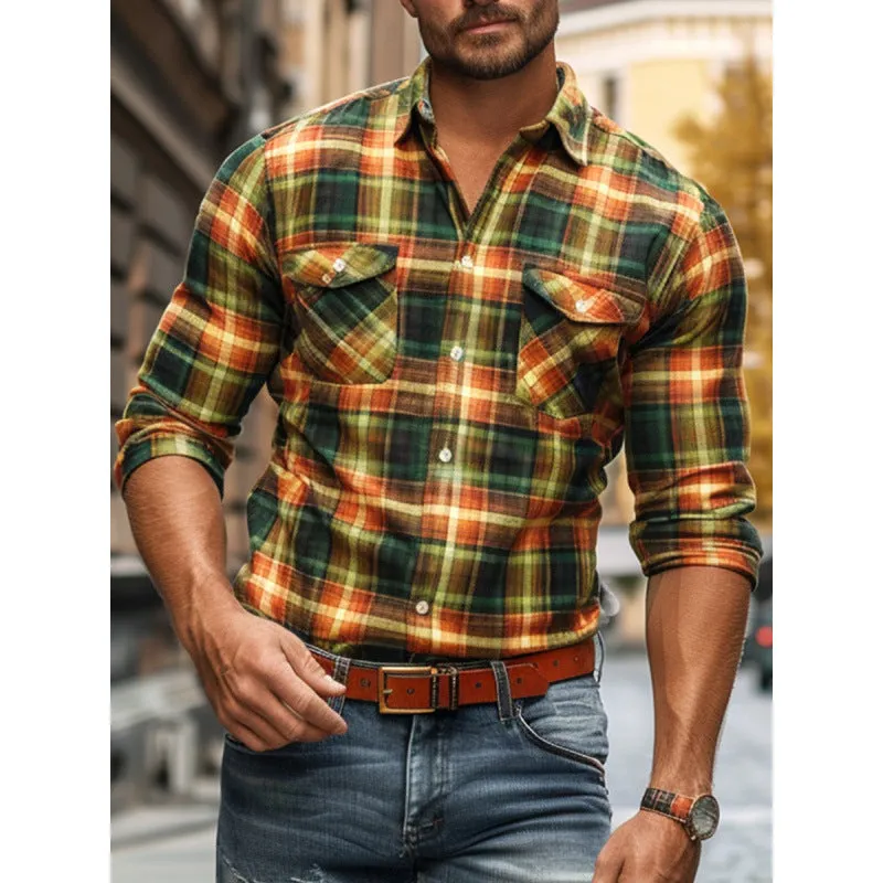 Fleece-lined men's plaid printed long sleeve shirt in loose fit cardigan style
