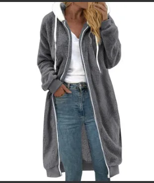 Women's thick double-sided plush fur hooded overcoat in military green with artificial fur collar and long sleeves, 100cm length