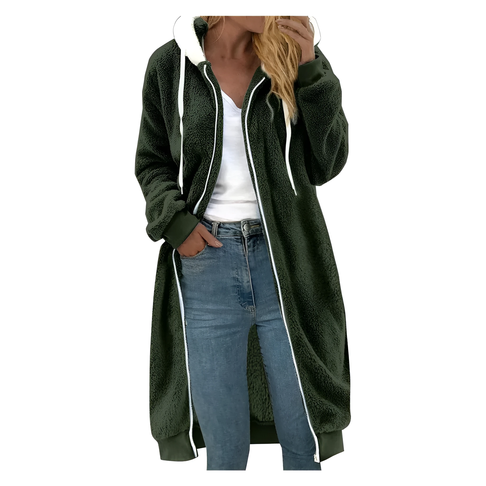 Women's thick double-sided plush fur hooded overcoat in military green with artificial fur collar and long sleeves, 100cm length