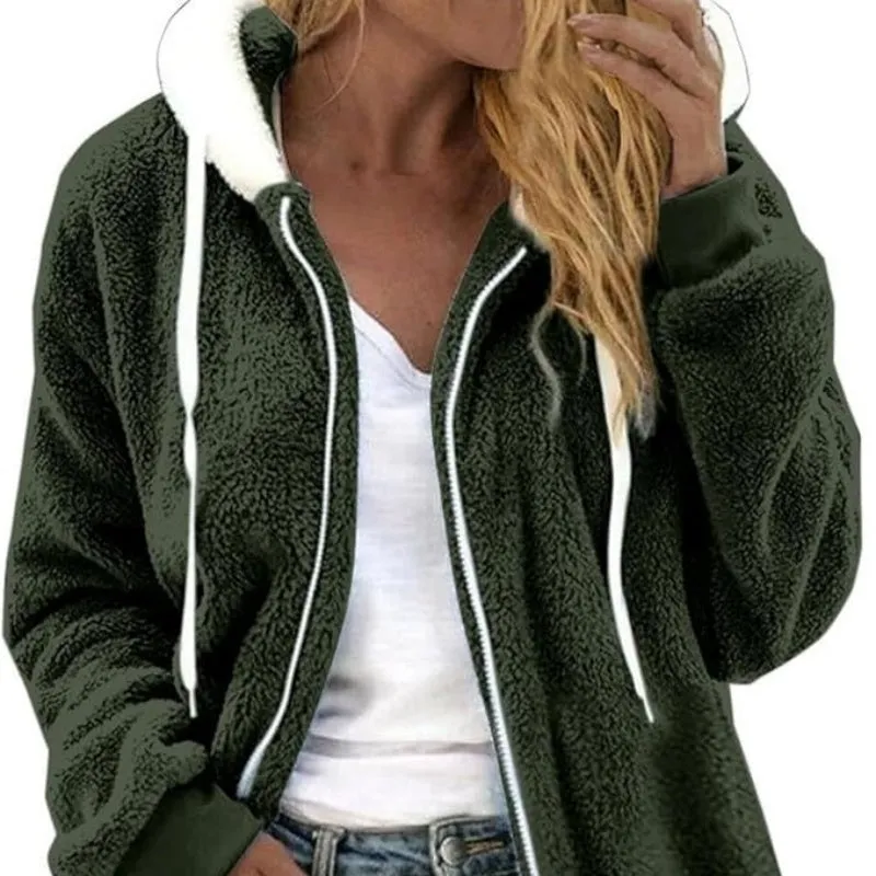 Women's thick double-sided plush fur hooded overcoat in military green with artificial fur collar and long sleeves, 100cm length