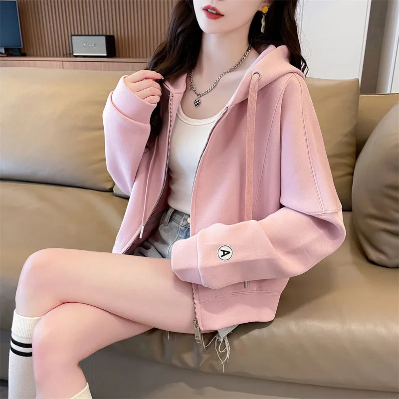 Women's loose-fit short hood cardigan in apricot with zipper pocket, polyester fabric, casual style
