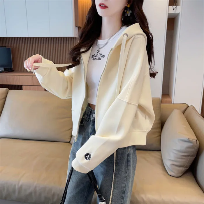 Women's loose-fit short hood cardigan in apricot with zipper pocket, polyester fabric, casual style