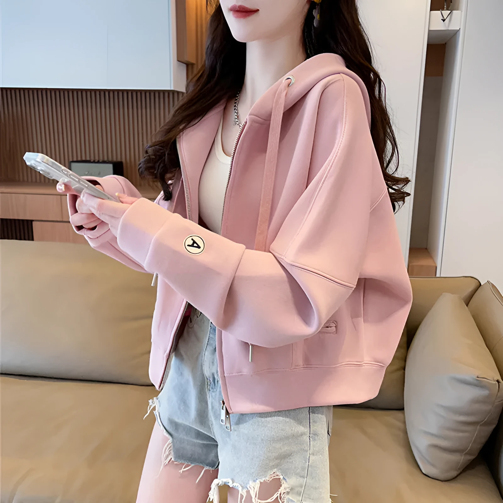 Women's loose-fit short hood cardigan in apricot with zipper pocket, polyester fabric, casual style