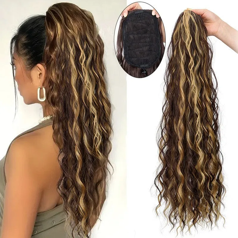 Long curly water ripple hair extension with fluffy corn curler texture in a drawstring ponytail style.