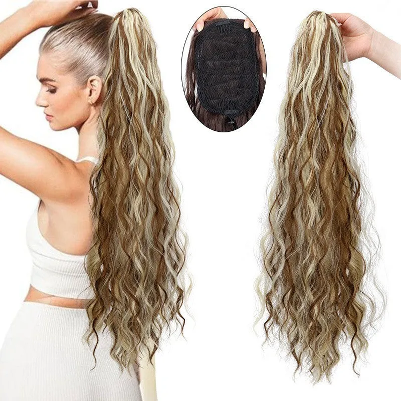 Long curly water ripple hair extension with fluffy corn curler texture in a drawstring ponytail style.