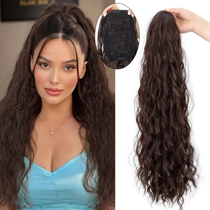 Long curly water ripple hair extension with fluffy corn curler texture in a drawstring ponytail style.