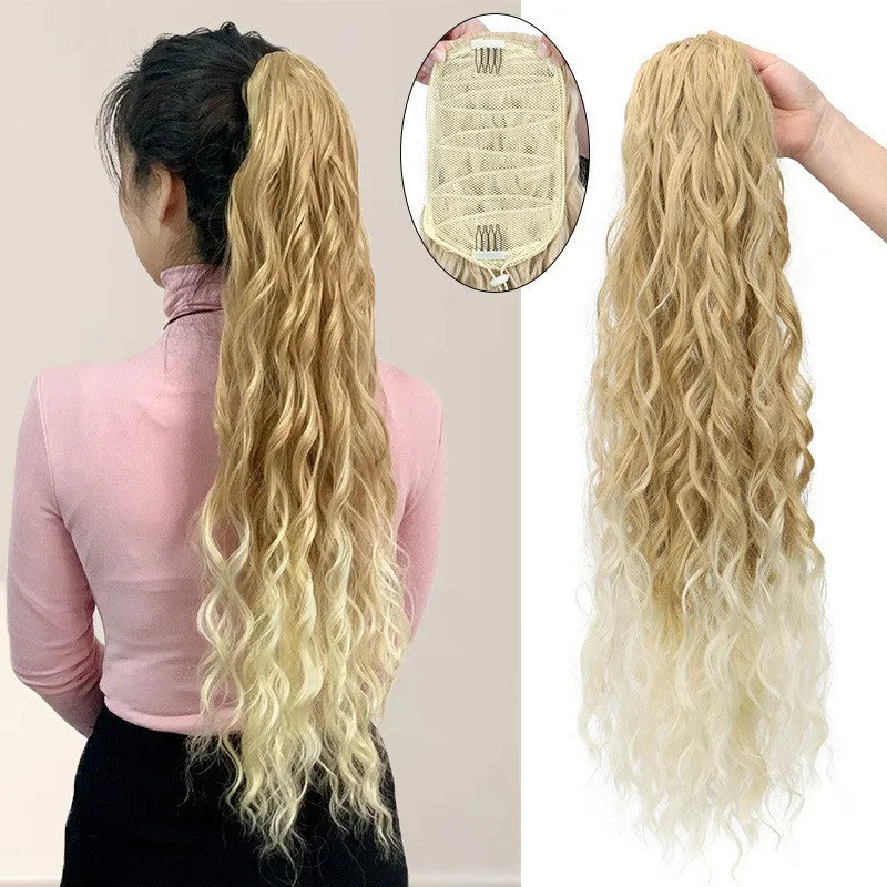 Long curly water ripple hair extension with fluffy corn curler texture in a drawstring ponytail style.