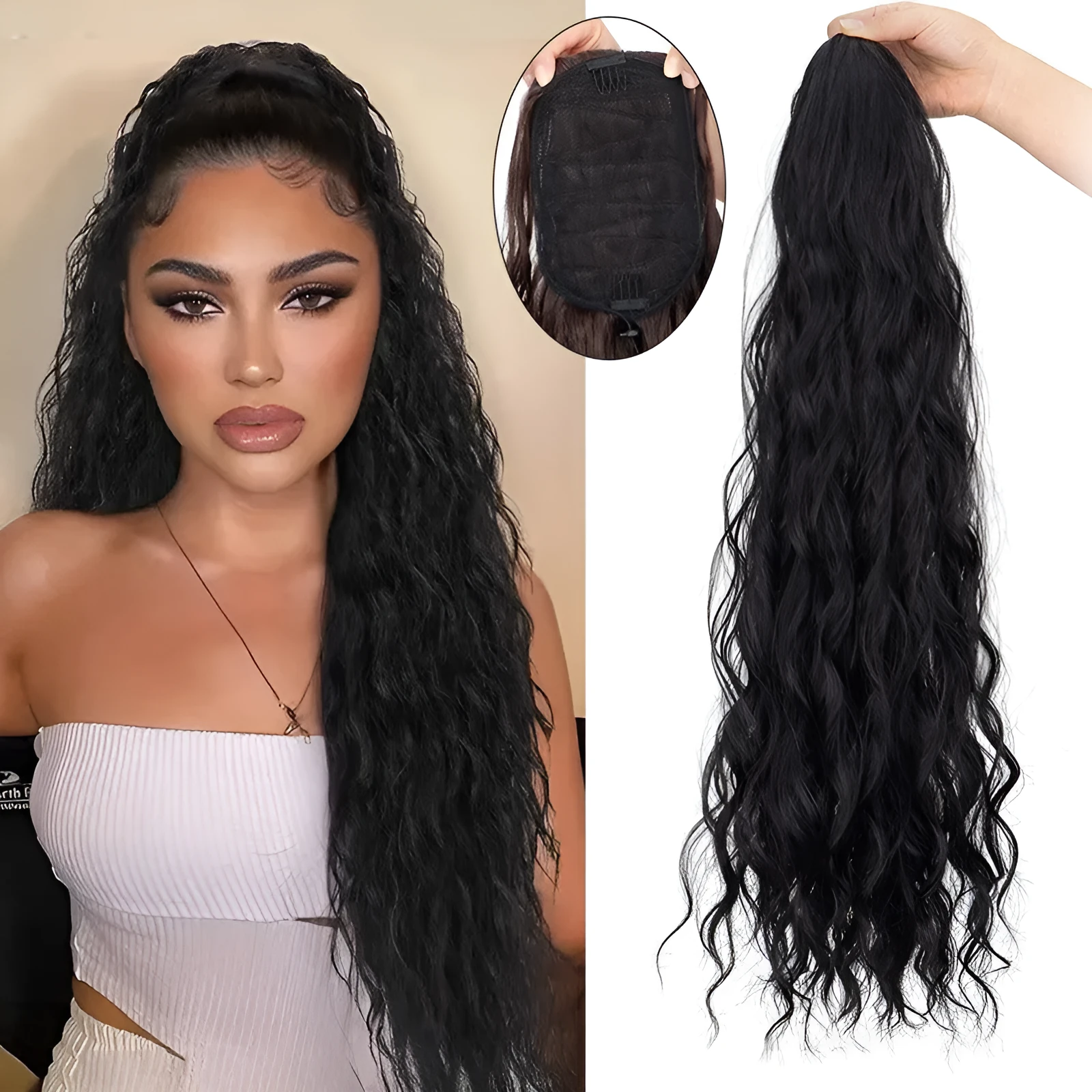 Long curly water ripple hair extension with fluffy corn curler texture in a drawstring ponytail style.