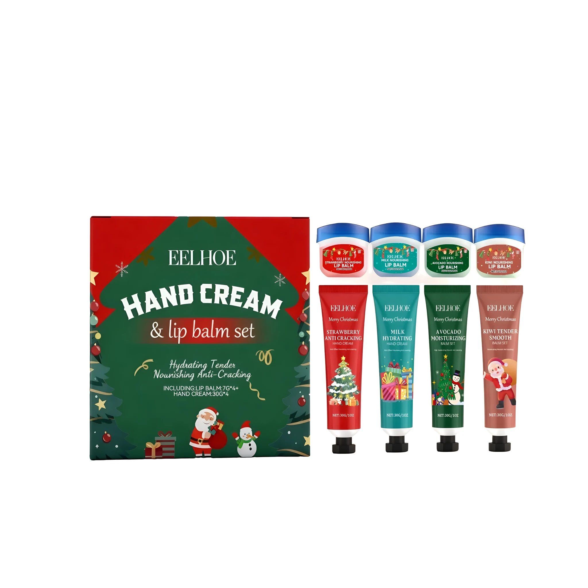 EELHOE Christmas gift set with four lip balms and four hand creams in strawberry, milk, kiwi and avocado flavours