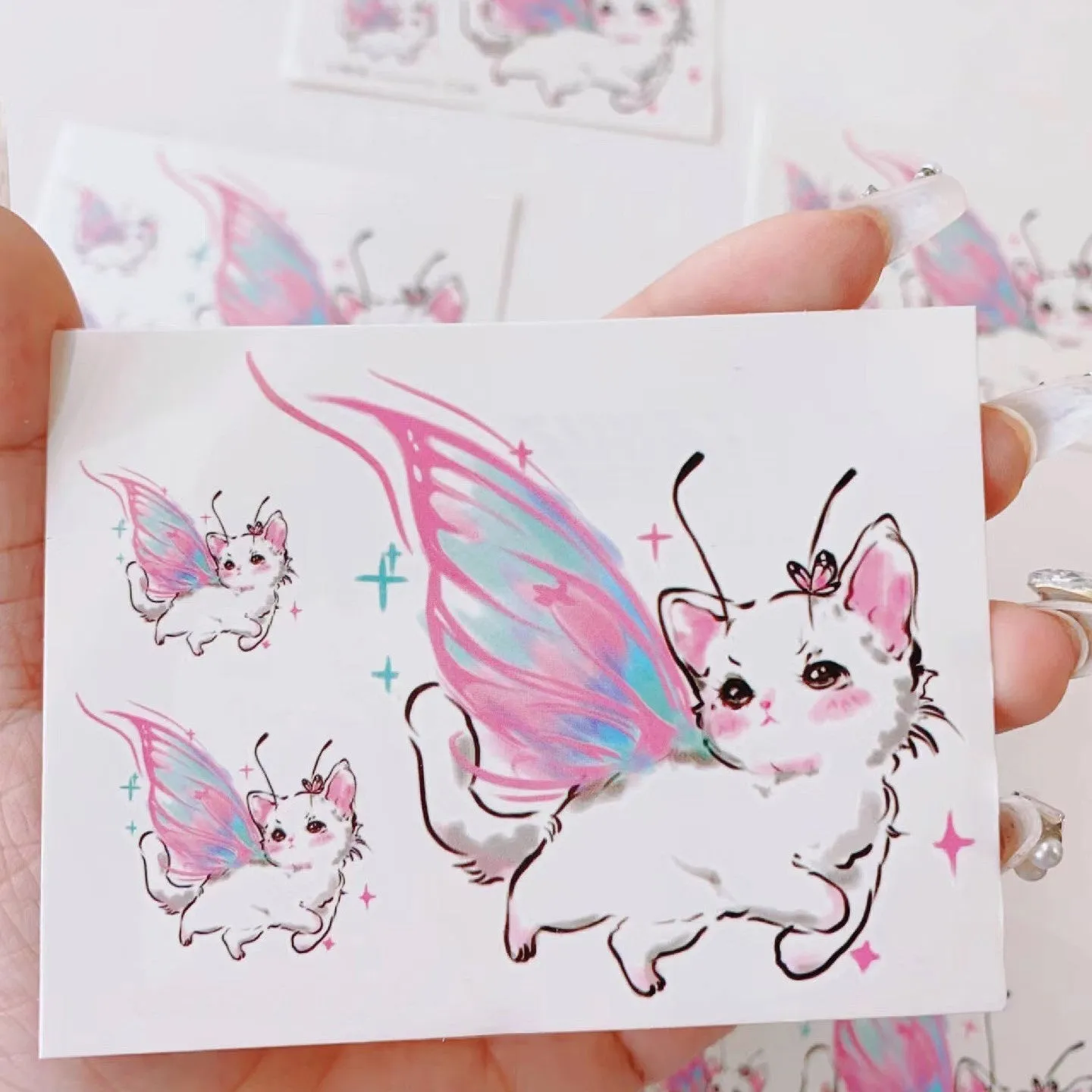 Angel cat pattern temporary tattoo sticker sheet 11x7.8cm on white background