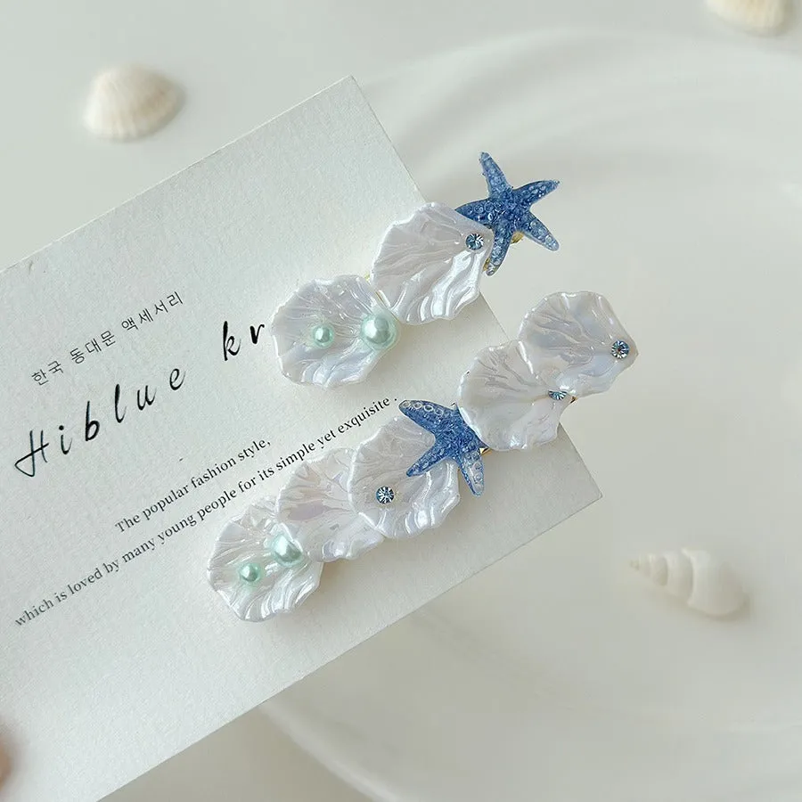 Starfish shell side bang clip barrettes for women natural style mixed material long colour option