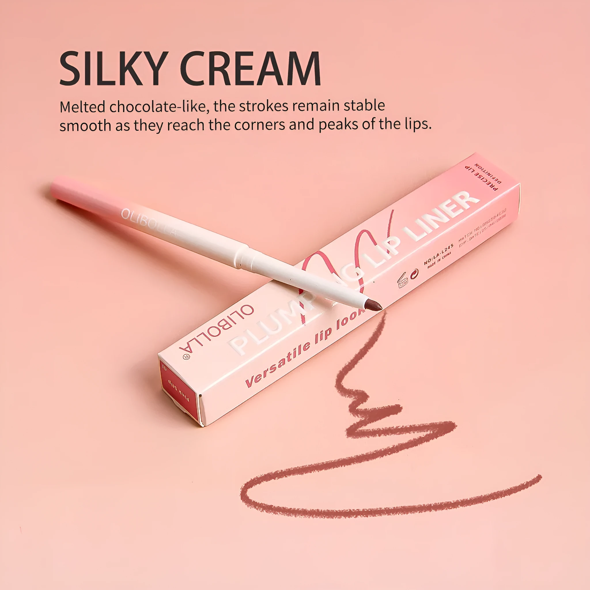 Waterproof colorfast hook line lip pencil in shade CocoaCrush with tip and product label visible