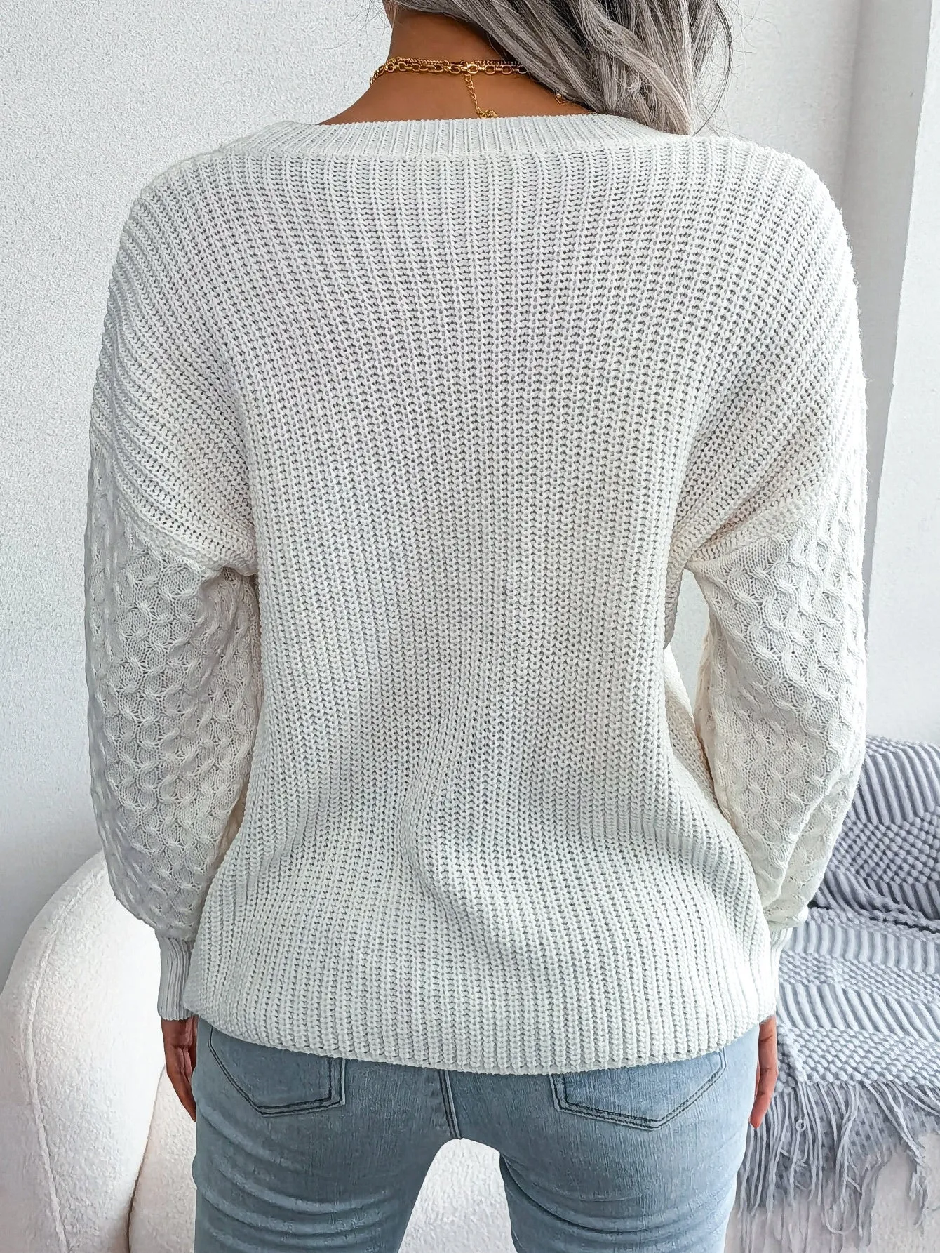 Casual lantern sleeve knitted sweater in loose fit with polka dot pattern and 3D texture, round neck pullover style, available in Khaki