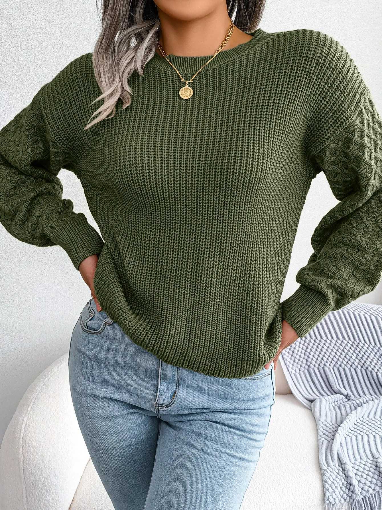 Casual lantern sleeve knitted sweater in loose fit with polka dot pattern and 3D texture, round neck pullover style, available in Khaki