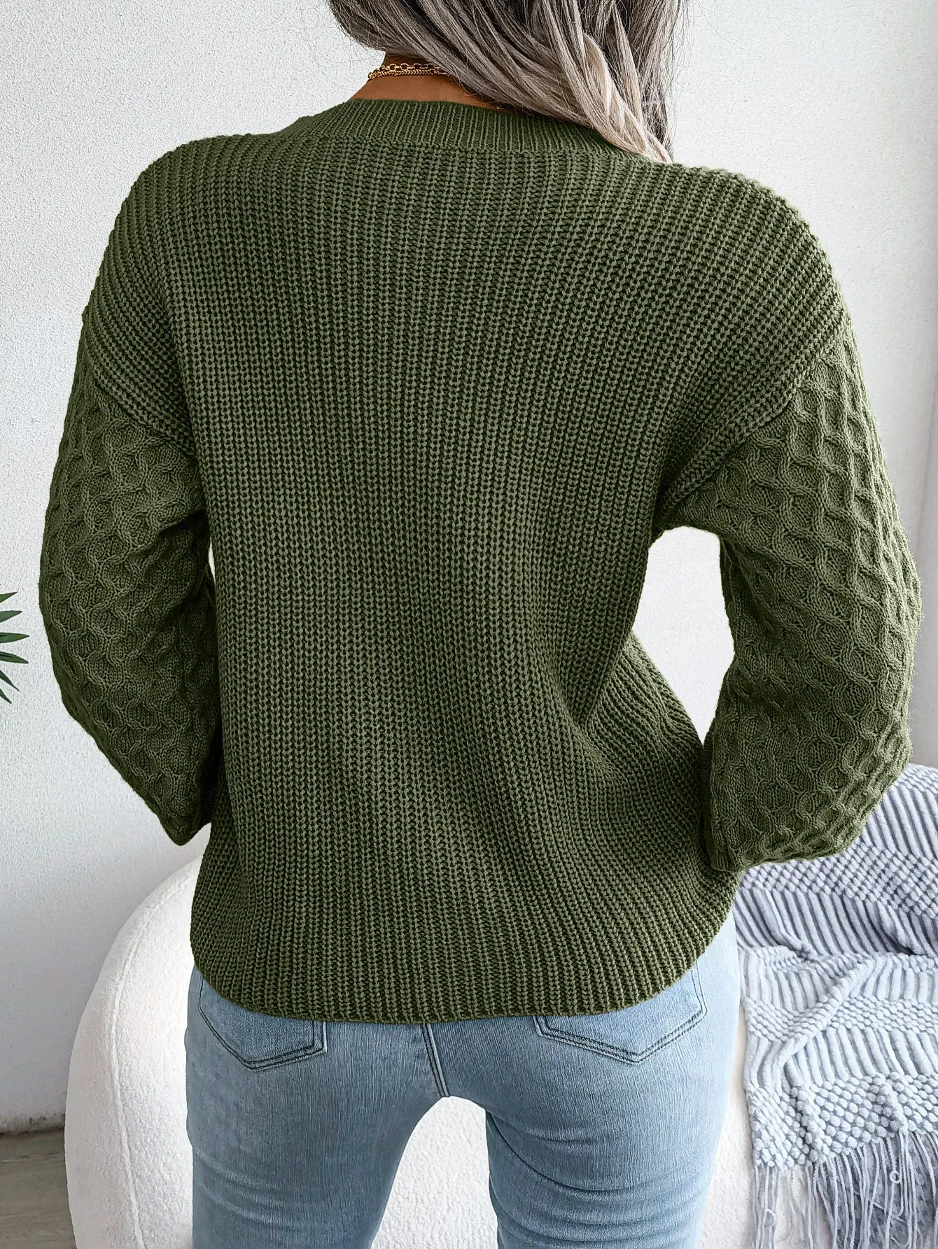 Casual lantern sleeve knitted sweater in loose fit with polka dot pattern and 3D texture, round neck pullover style, available in Khaki