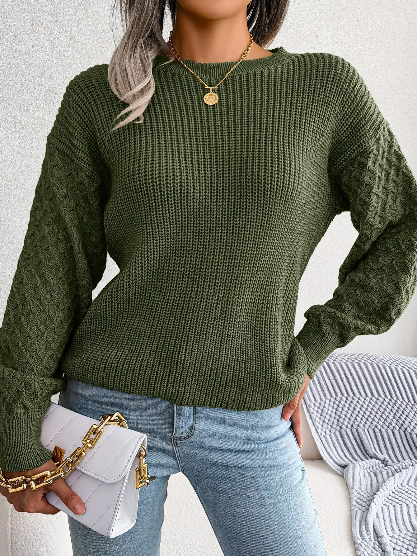 Casual lantern sleeve knitted sweater in loose fit with polka dot pattern and 3D texture, round neck pullover style, available in Khaki