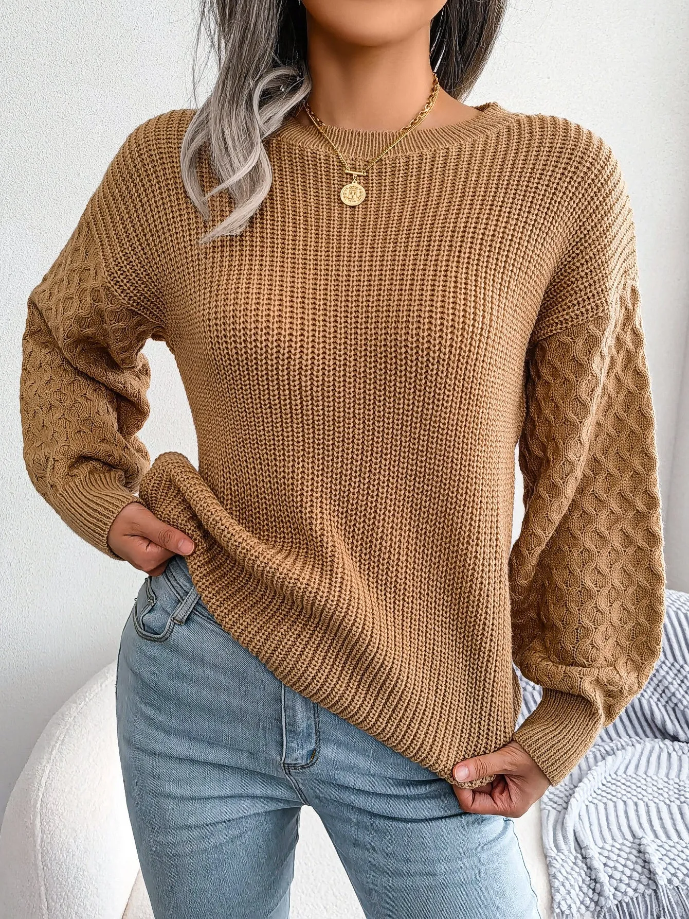 Casual lantern sleeve knitted sweater in loose fit with polka dot pattern and 3D texture, round neck pullover style, available in Khaki