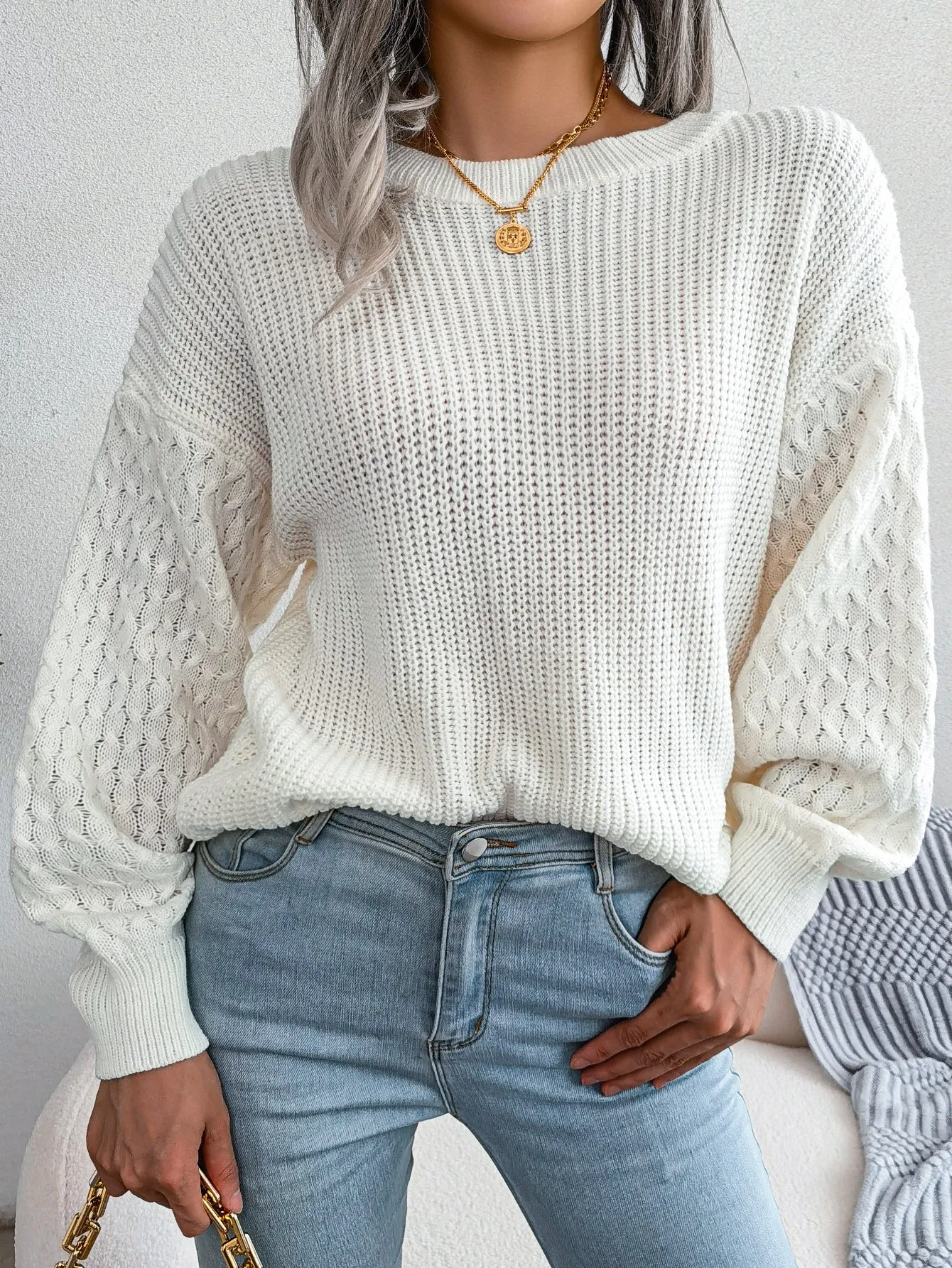 Casual lantern sleeve knitted sweater in loose fit with polka dot pattern and 3D texture, round neck pullover style, available in Khaki