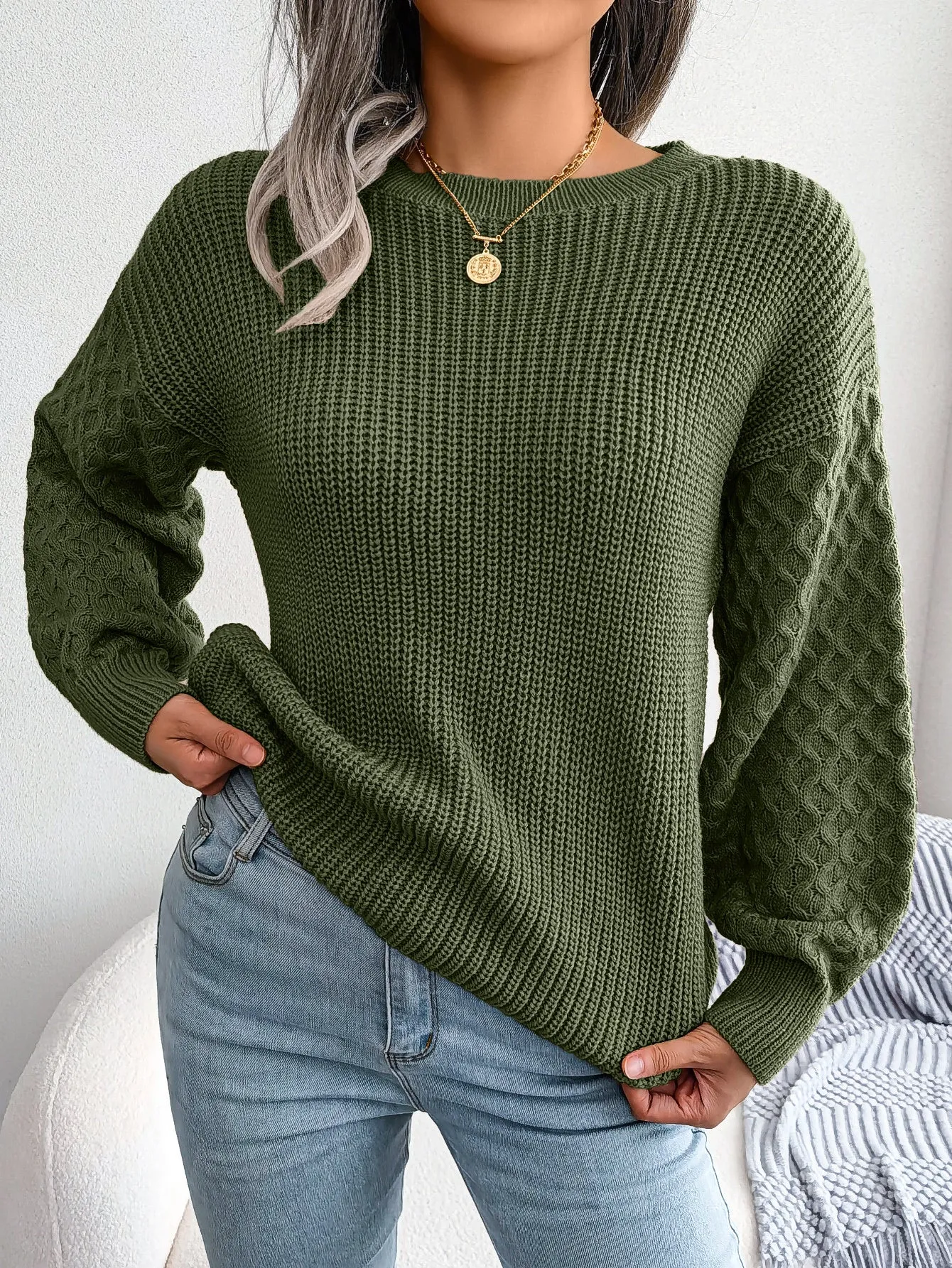 Casual lantern sleeve knitted sweater in loose fit with polka dot pattern and 3D texture, round neck pullover style, available in Khaki