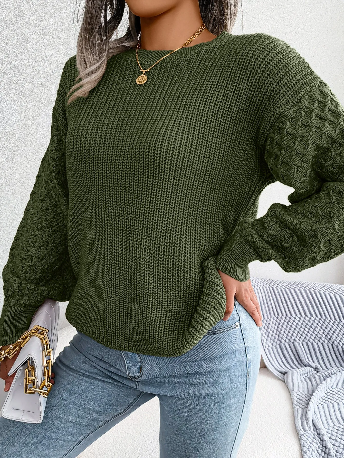 Casual lantern sleeve knitted sweater in loose fit with polka dot pattern and 3D texture, round neck pullover style, available in Khaki