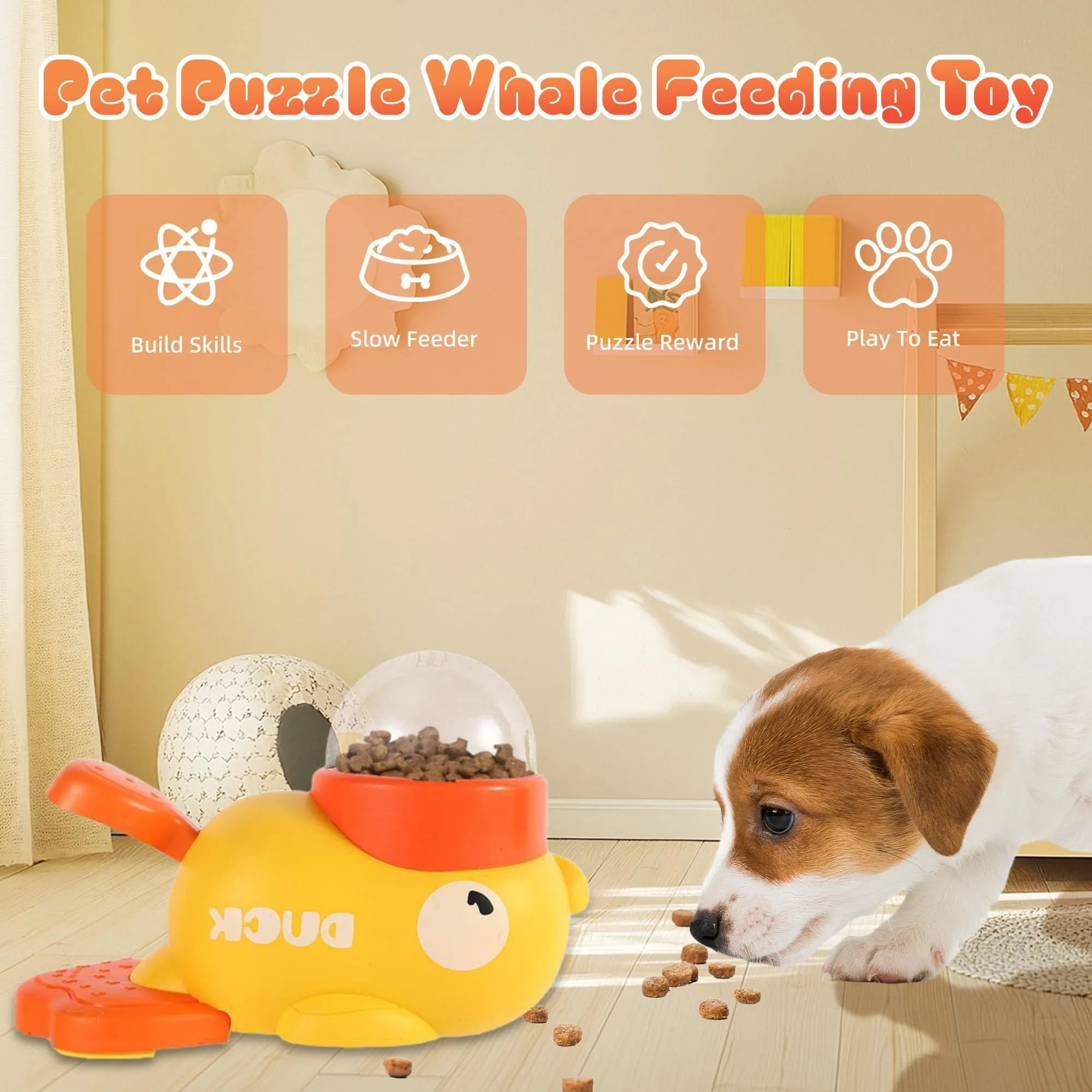 Yellow duck-shaped dog treat dispenser with rotating food container and non-slip base on floor