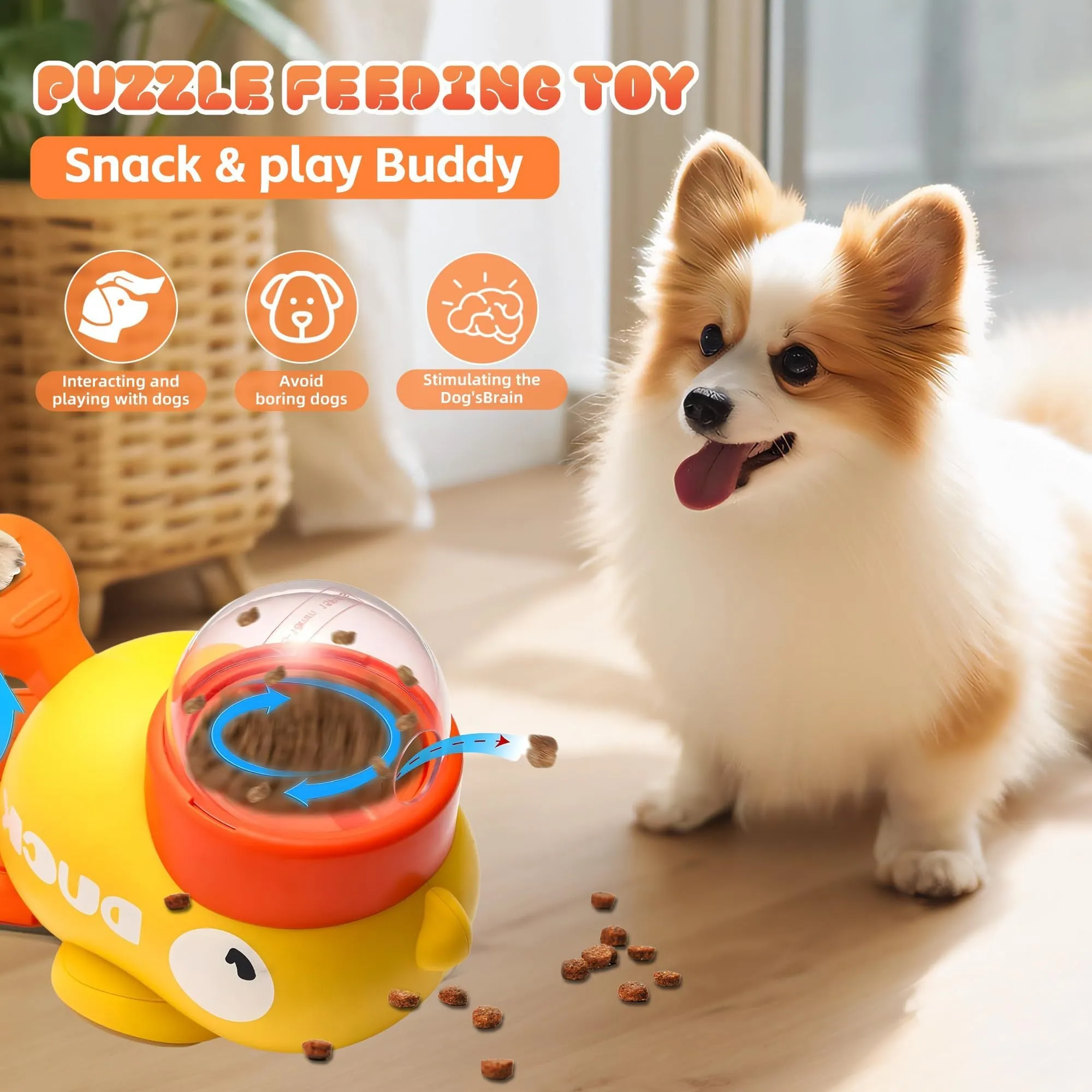 Yellow duck-shaped dog treat dispenser with rotating food container and non-slip base on floor