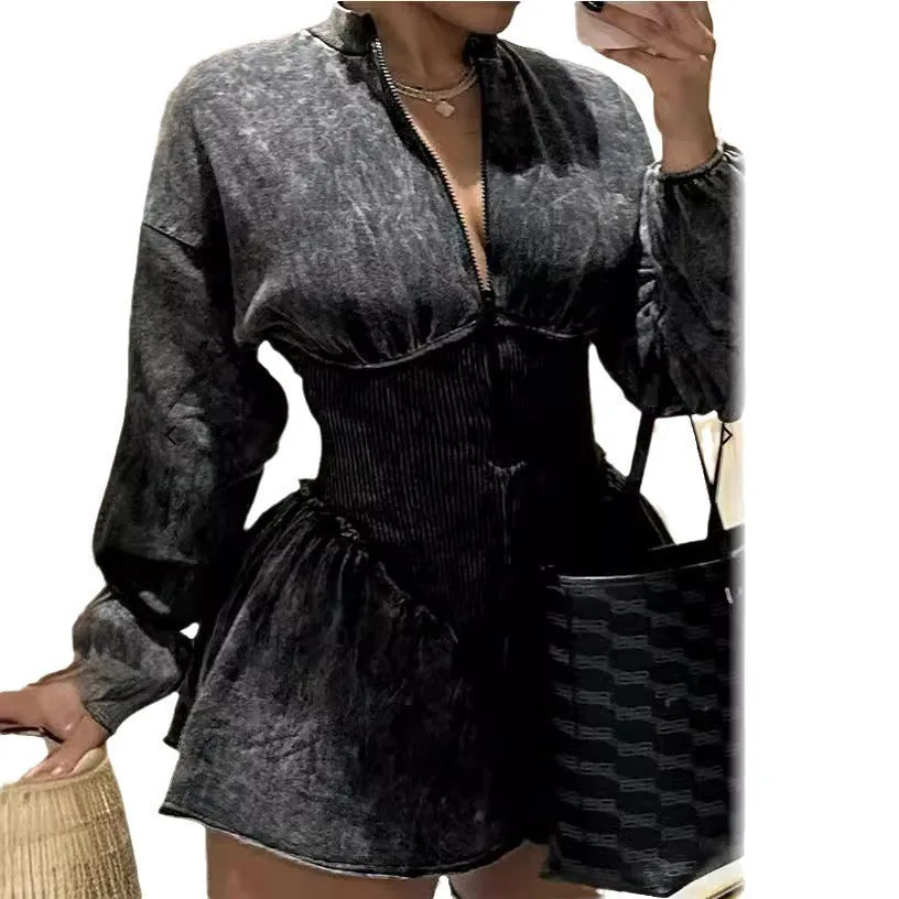 Grey digital print women's slim-fit dress with drawstring waist and long sleeves