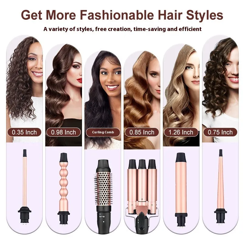 Three-tube water wave hair curler set with wired power connection for home styling