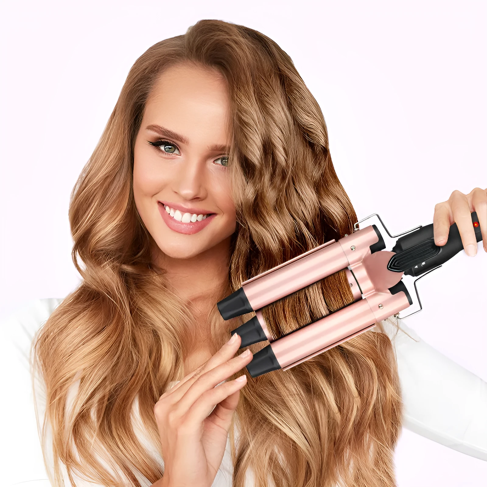 Three-tube water wave hair curler set with wired power connection for home styling
