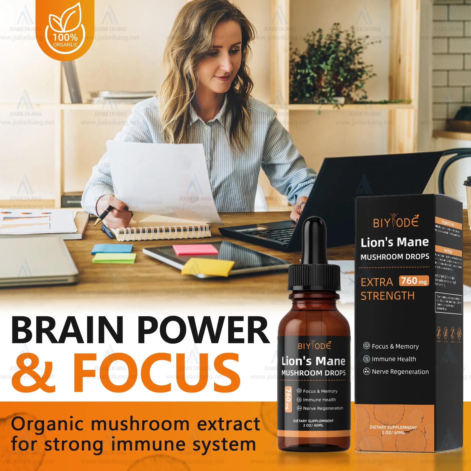 Bottle of organic Lions Mane mushroom extract liquid drops with dropper