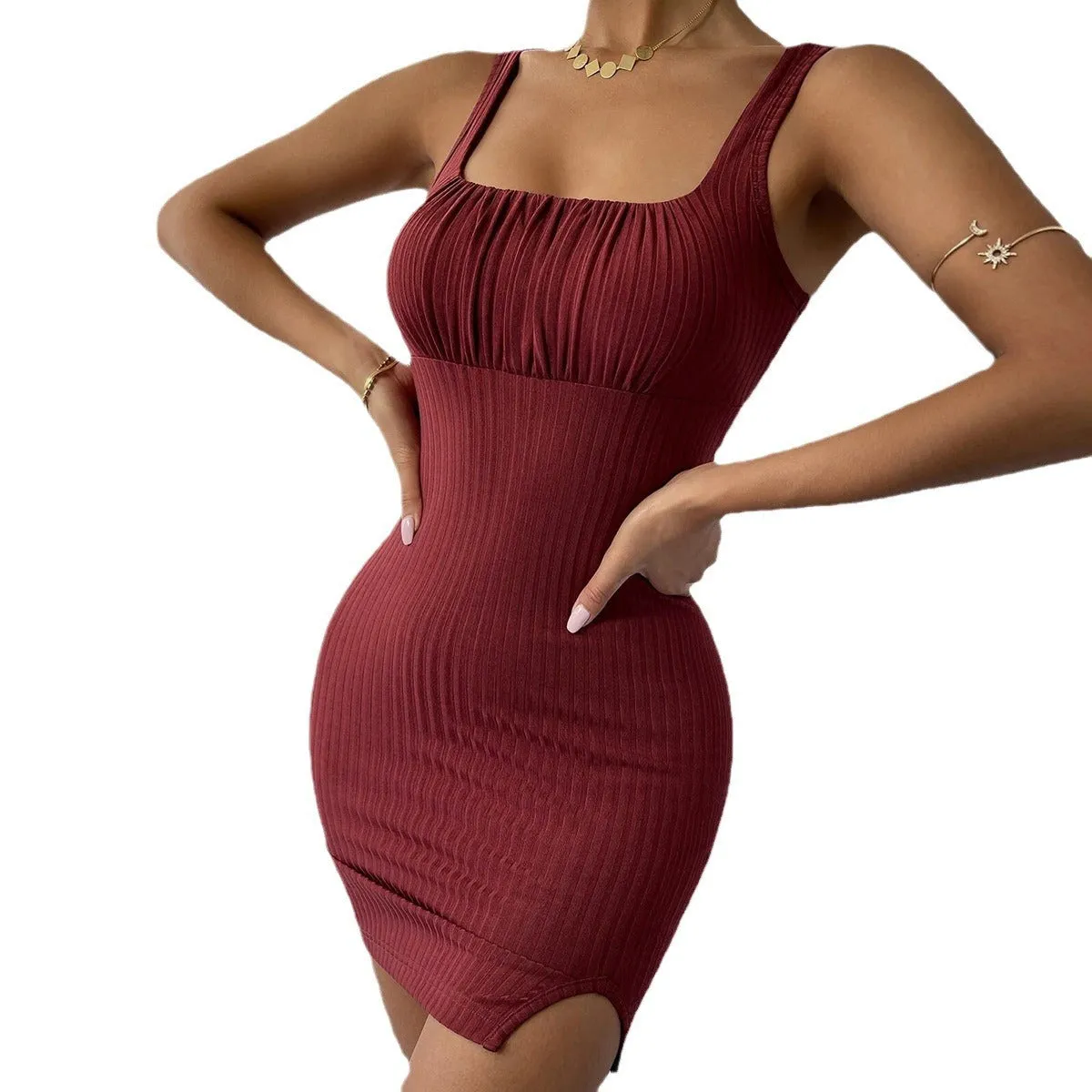 Knitted strapless pencil dress in solid colour with waist tie detail, front pleated element