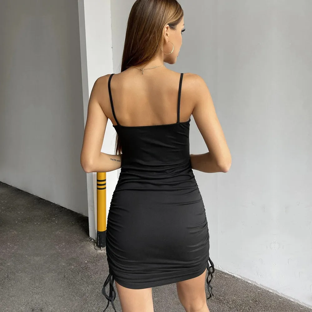 Strapless solid colour backless pencil dress in black polyester with mid-rise waist